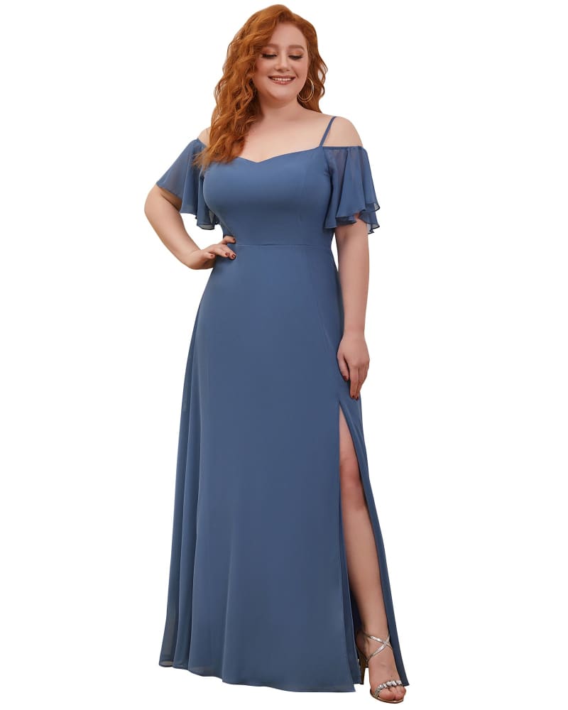 Front of a model wearing a size 22 Stylish Cold Shoulder Flare Sleeves Flowy Bridesmaid Dress in Dusty Navy by Ever-Pretty. | dia_product_style_image_id:340209
